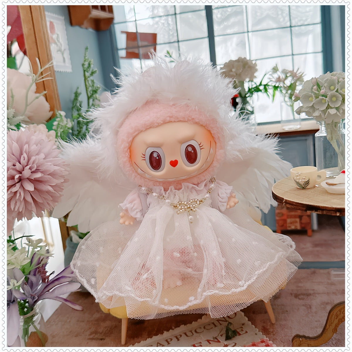 1st/2nd Generation Vinyl Blind Box 17CM Labubu Clothes Sitting Party White Angel Dress Wedding Dress LABUBU Outfit