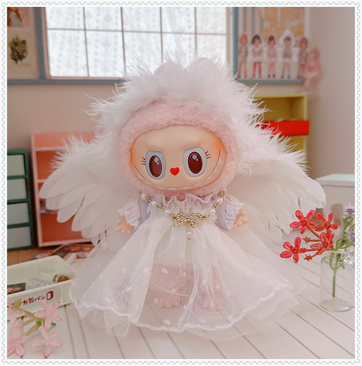 1st/2nd Generation Vinyl Blind Box 17CM Labubu Clothes Sitting Party White Angel Dress Wedding Dress LABUBU Outfit
