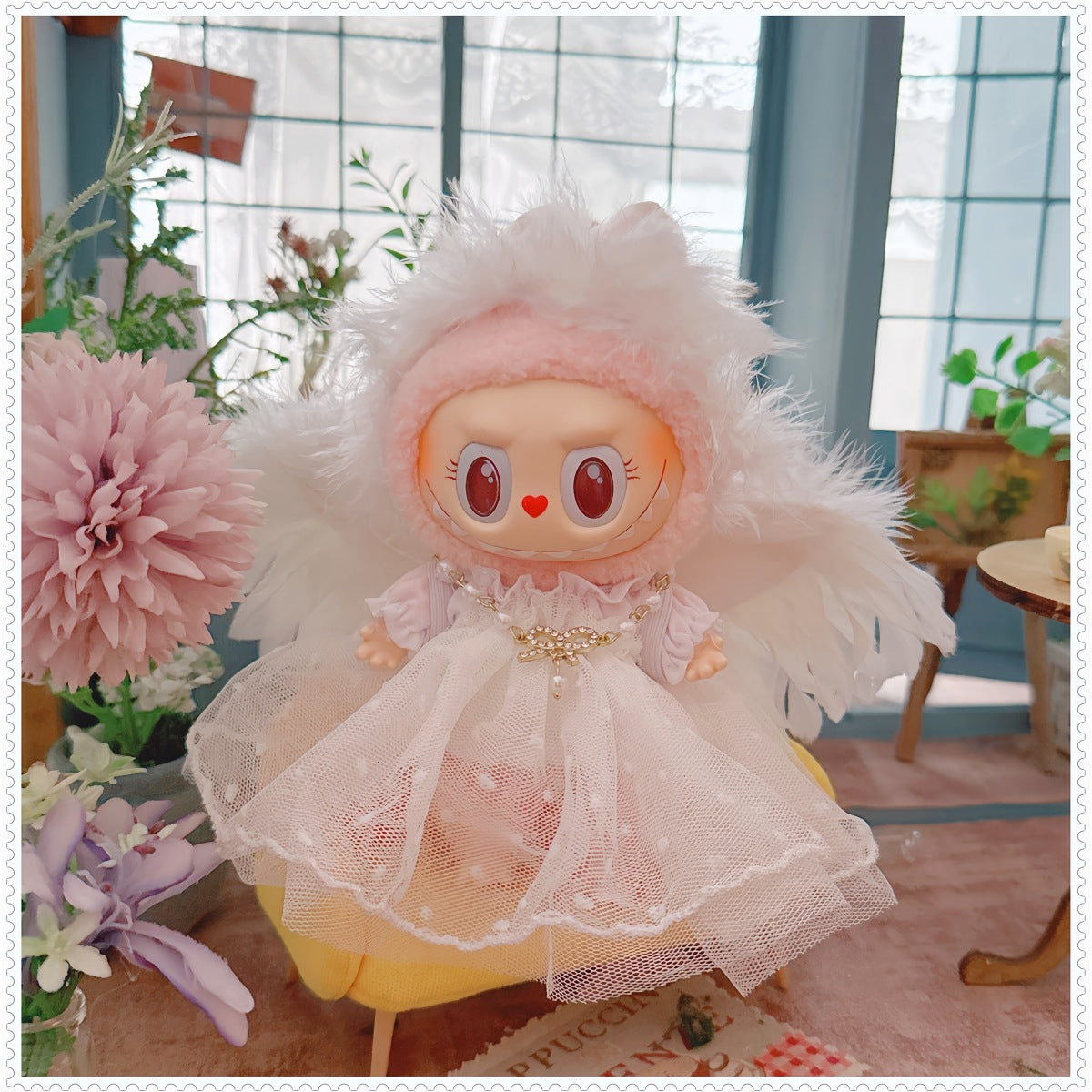1st/2nd Generation Vinyl Blind Box 17CM Labubu Clothes Sitting Party White Angel Dress Wedding Dress LABUBU Outfit
