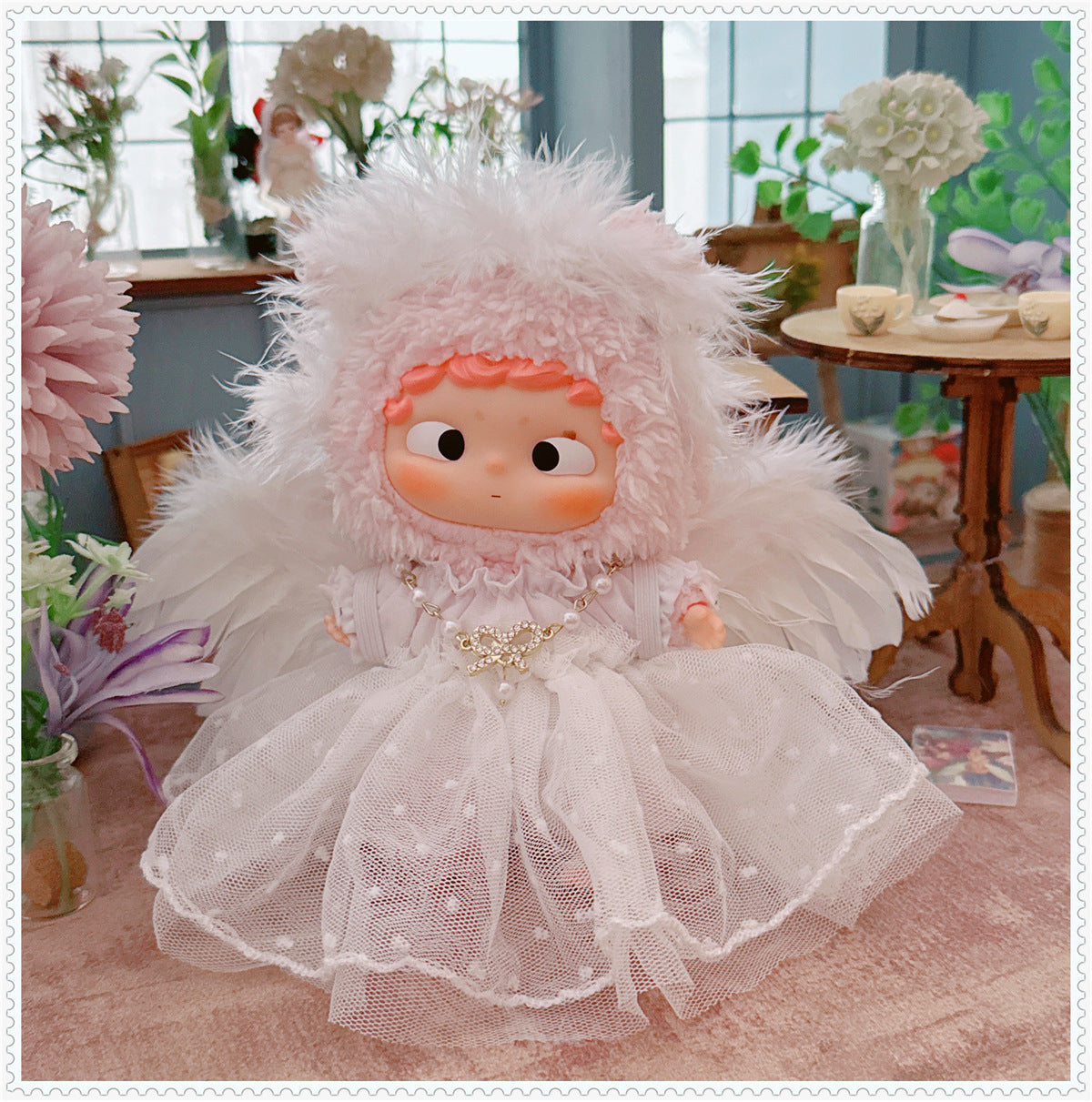 1st/2nd Generation Vinyl Blind Box 17CM Labubu Clothes Sitting Party White Angel Dress Wedding Dress LABUBU Outfit