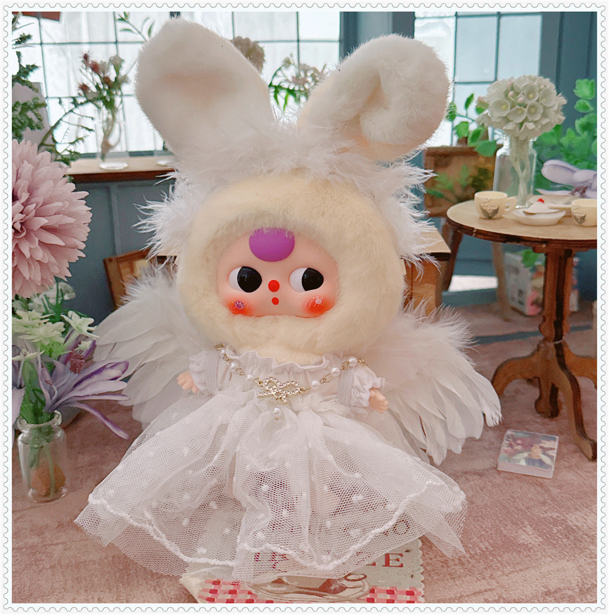 1st/2nd Generation Vinyl Blind Box 17CM Labubu Clothes Sitting Party White Angel Dress Wedding Dress LABUBU Outfit