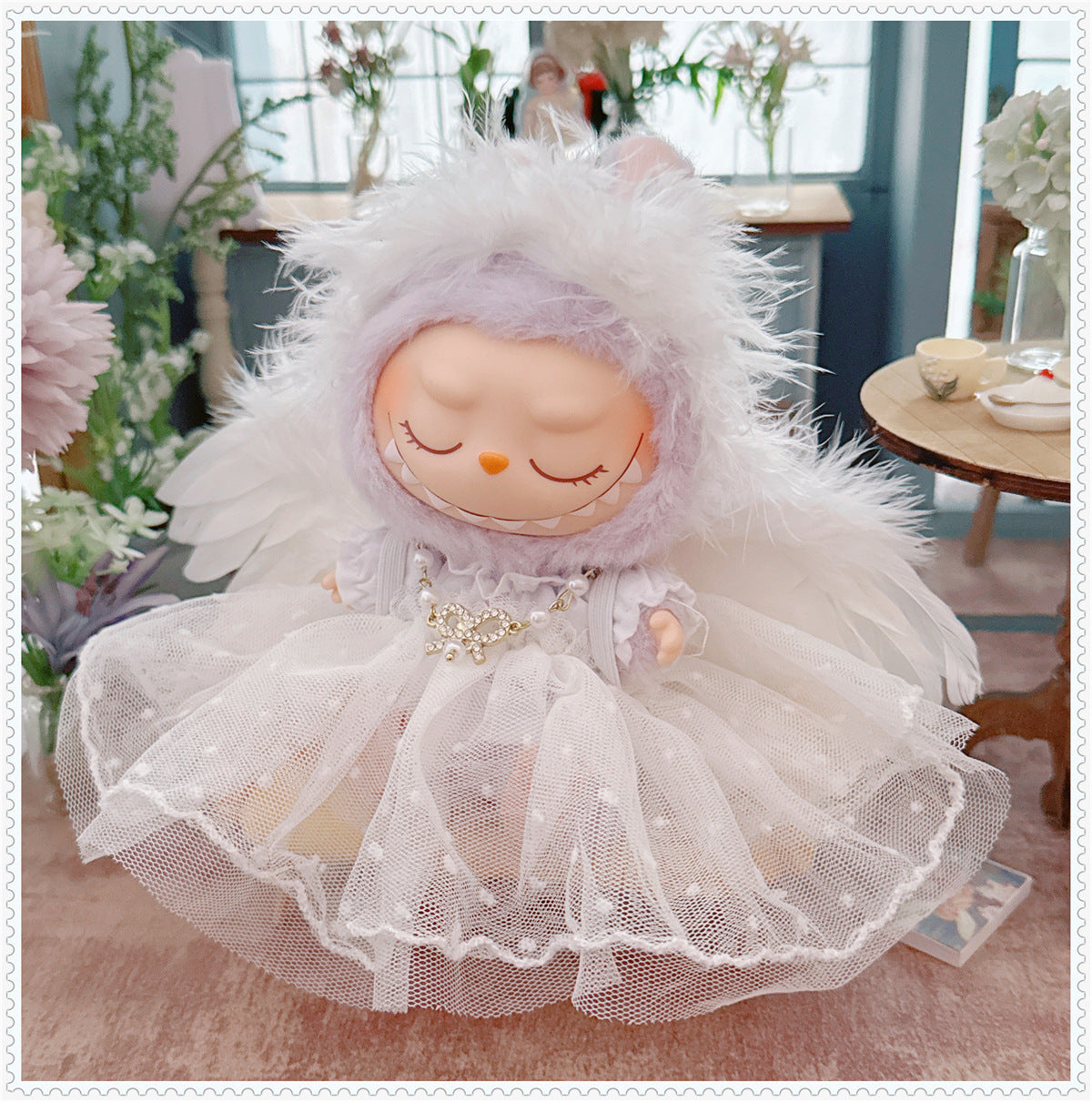 1st/2nd Generation Vinyl Blind Box 17CM Labubu Clothes Sitting Party White Angel Dress Wedding Dress LABUBU Outfit