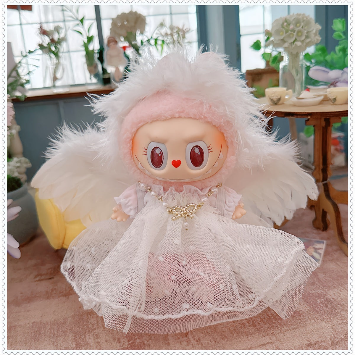 1st/2nd Generation Vinyl Blind Box 17CM Labubu Clothes Sitting Party White Angel Dress Wedding Dress LABUBU Outfit