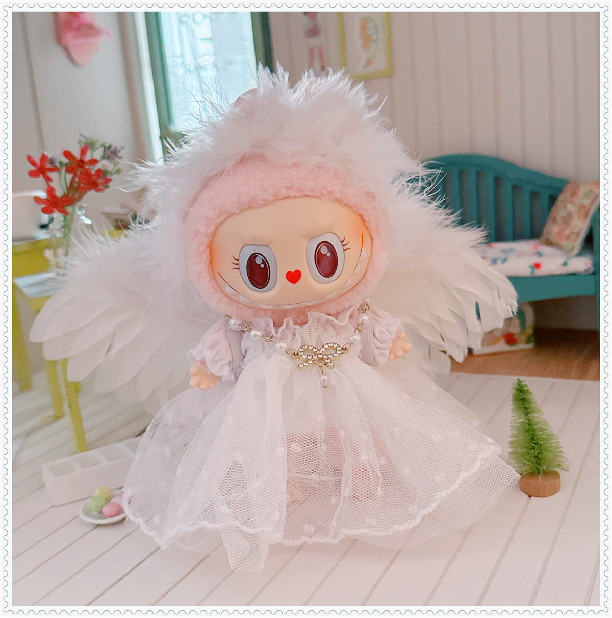 1st/2nd Generation Vinyl Blind Box 17CM Labubu Clothes Sitting Party White Angel Dress Wedding Dress LABUBU Outfit