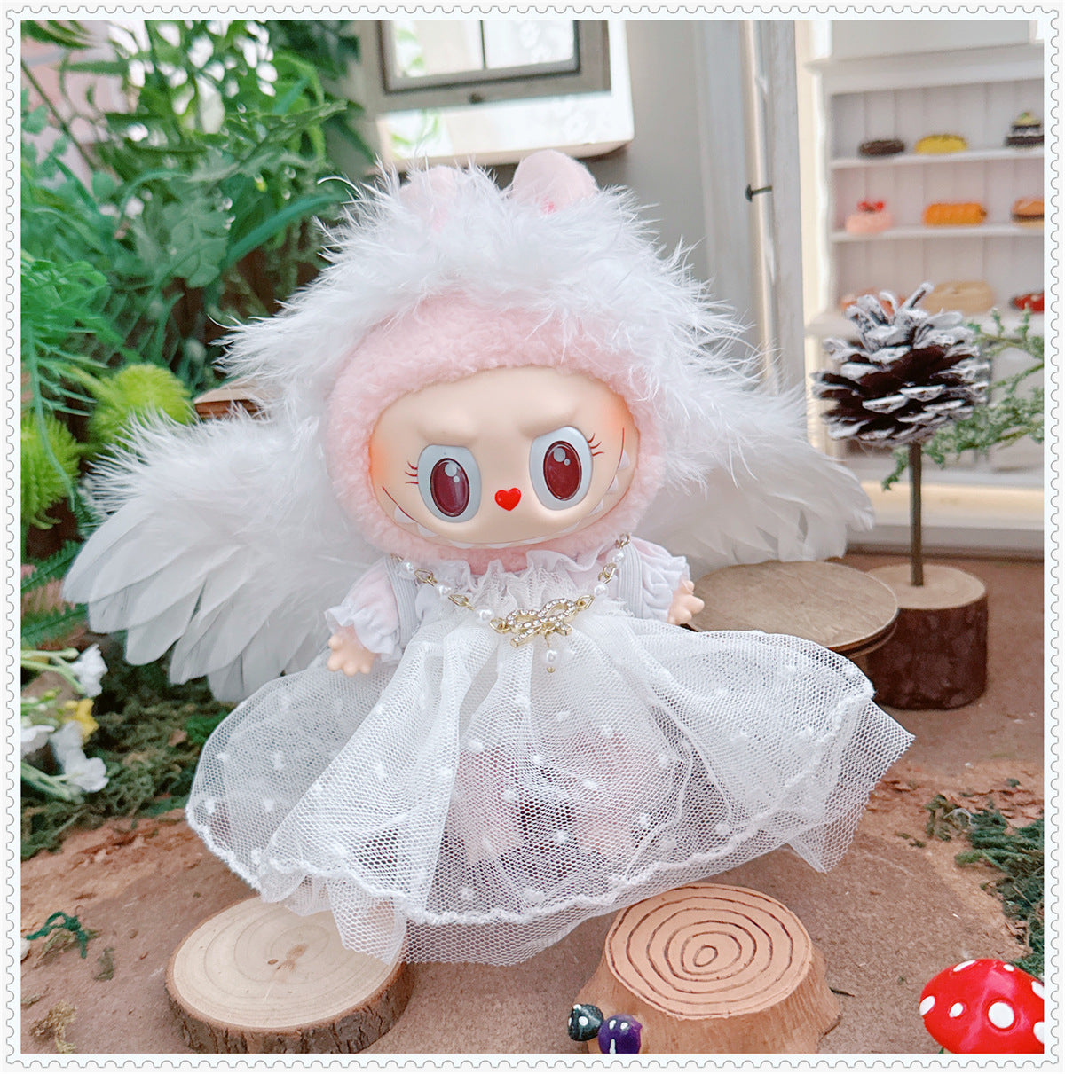 1st/2nd Generation Vinyl Blind Box 17CM Labubu Clothes Sitting Party White Angel Dress Wedding Dress LABUBU Outfit