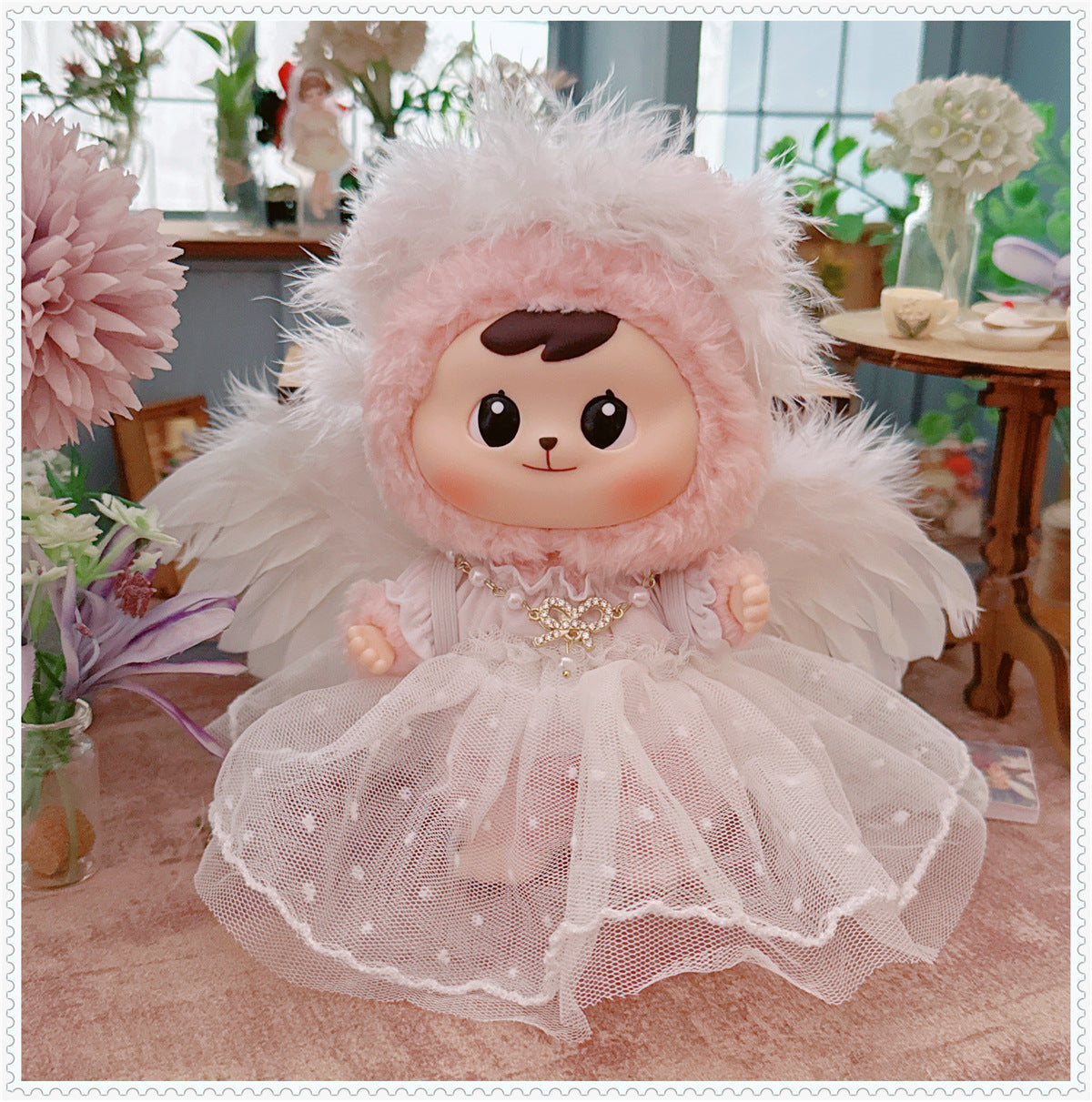 1st/2nd Generation Vinyl Blind Box 17CM Labubu Clothes Sitting Party White Angel Dress Wedding Dress LABUBU Outfit