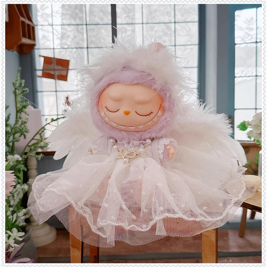 1st/2nd Generation Vinyl Blind Box 17CM Labubu Clothes Sitting Party White Angel Dress Wedding Dress LABUBU Outfit
